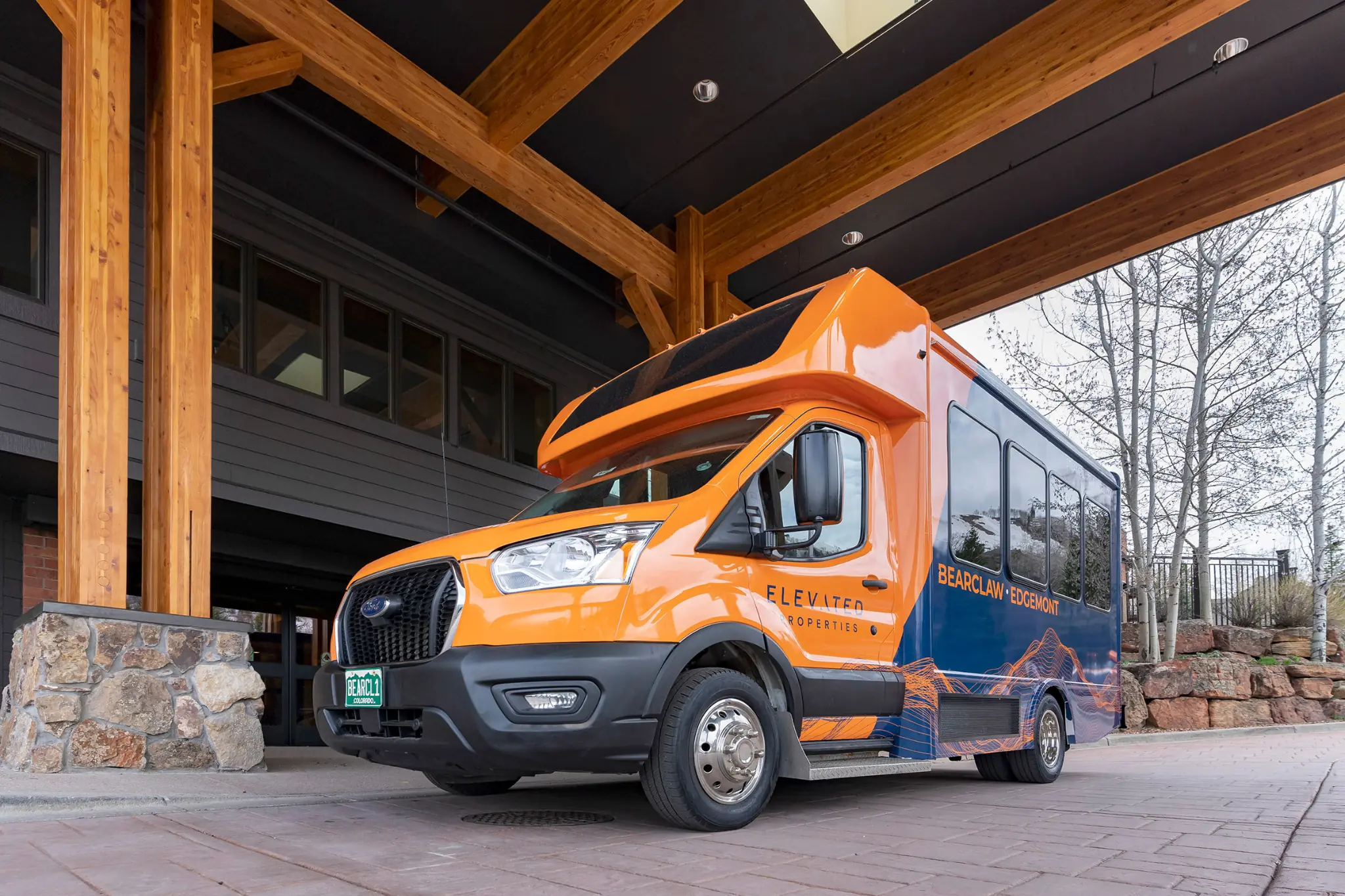 A courtesy shuttle at The Porches