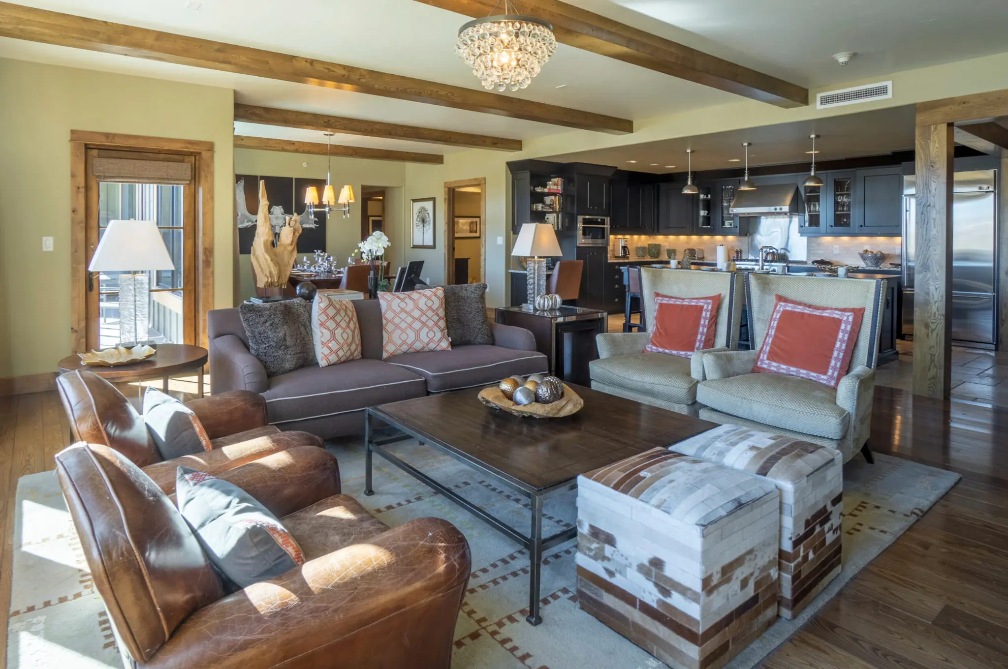 Living area and adjoining open kitchen